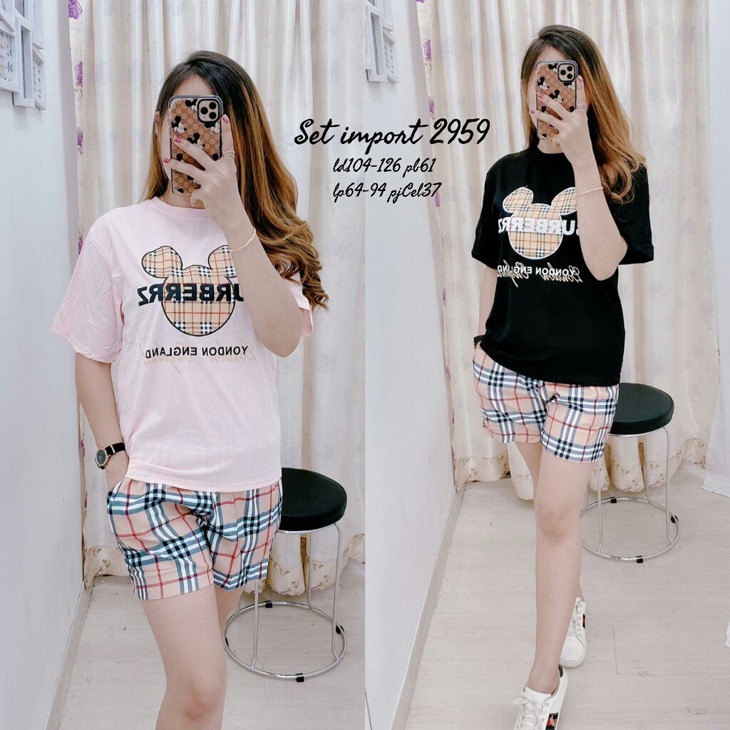 SETELAN KAOS+CELANA WANITA IMPORT PREMIUM BURBERRY MICKEY 2959