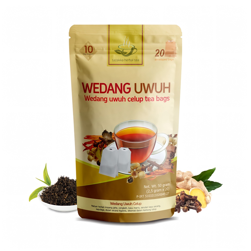 

Teh Wedang Uwuh Tazakka Kemasan Baru Standing Pouch isi 20 Kantong Minuman Kesehatan Standart CPOTB Asli