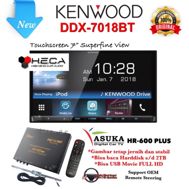 Kenwood DDX-7018BT Head Unit Double Din DDX 7018 BT Tape Mobil & TV Tuner Digital Asuka HR-600 PLUS