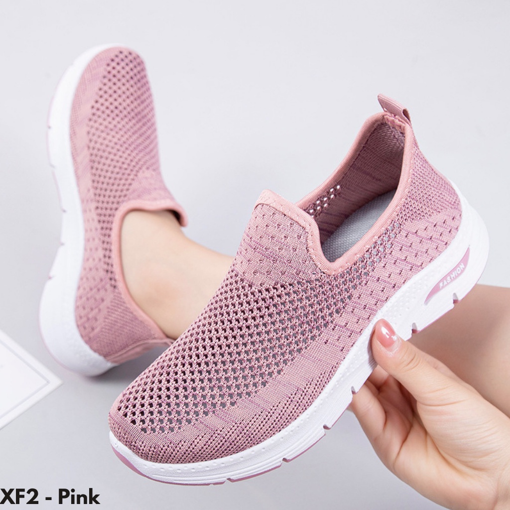 SEPATU SNEAKERS WANITA TANPA TALI KEKINIAN BREATHABLE BAHAN FLYKNIT IMPORT F2