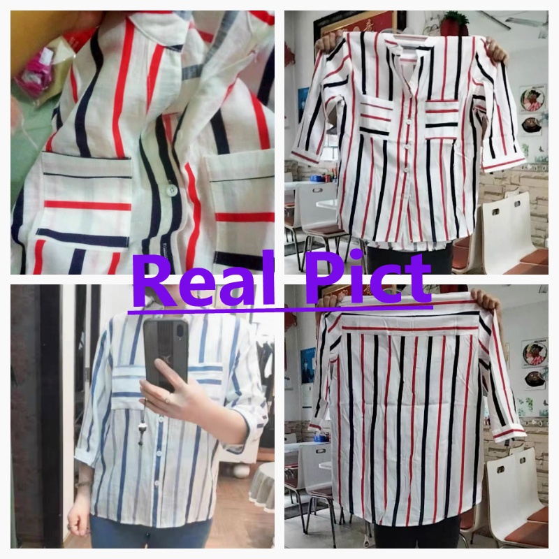 Stok bersih!Bisa COD S-4XL Ready Kemeja Wanita V-Neck Lengan 3/4 Garis-garis Atasan Katun Linen Longgar Shirt