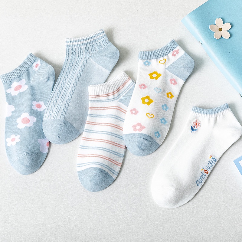 [littlecrab] Kaos Kaki Biru Berawan Bunga Cloudy Flower Women Socks Import Kaos Kaki Berkualitas Lucu Korean Style