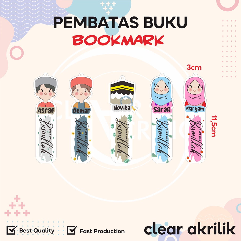 Pembatas Buku/Pembatas Al Qur'an/Bookmark (Custom Nama) / KARAKTER DAN NON KARAKTER/ Tanpa Wajah