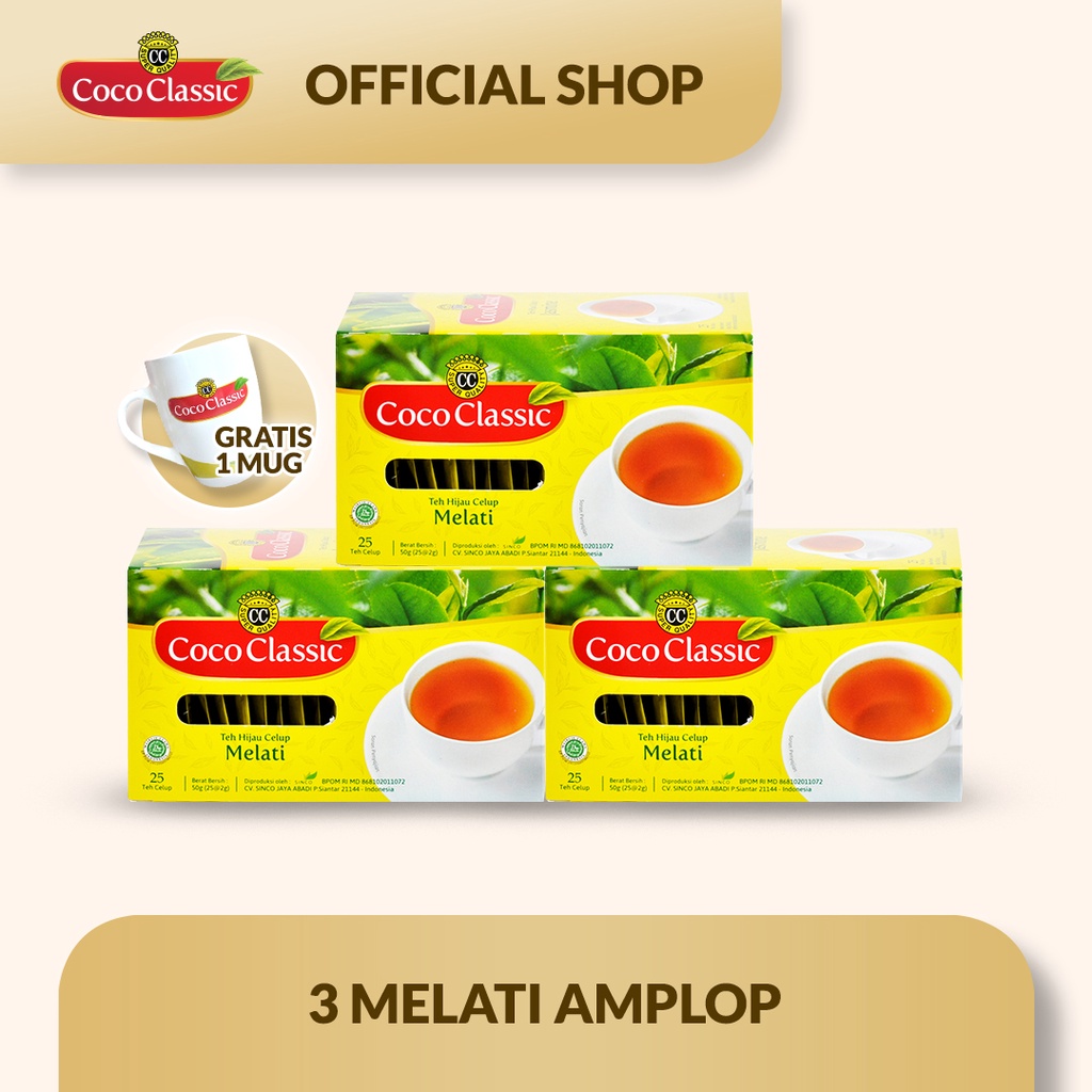 

Teh Coco Classic Promo Bundling 3 Box Teh Melati Amplop isi 25 Teh Celup + Gratis Mug Cantik