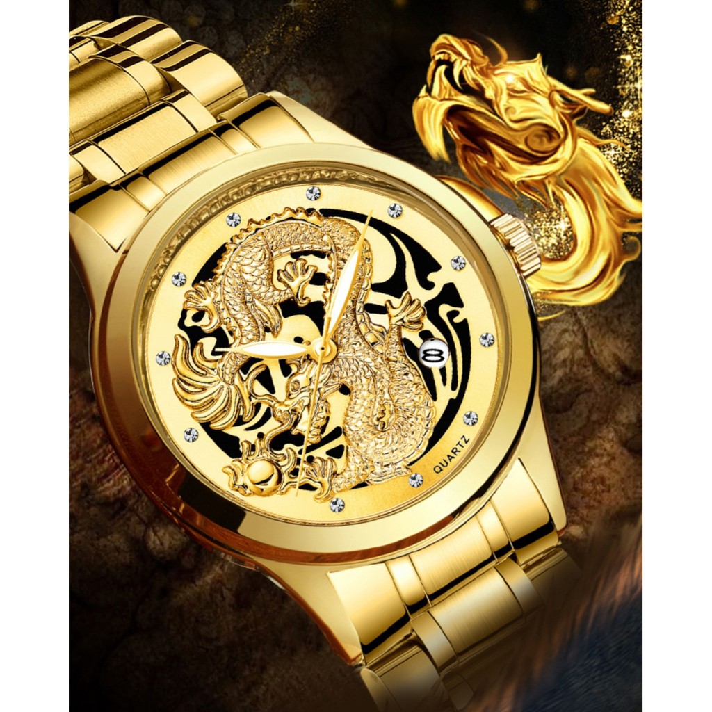 JAM TANGAN PRIA JAM006G1 MOTIF NAGA DRAGON GOLD EMAS FNGEEN ORIGINAL IMPORT MURAH RANTAI ORI BRANDED