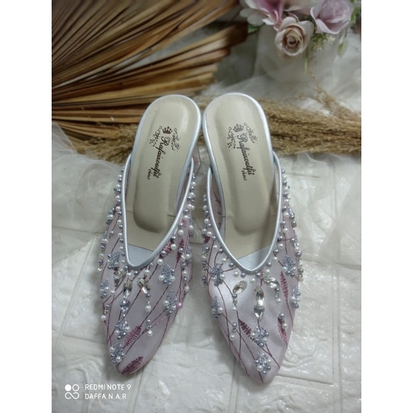 sepatu Marrisa purple silver bunga tinggi 7cm kaca