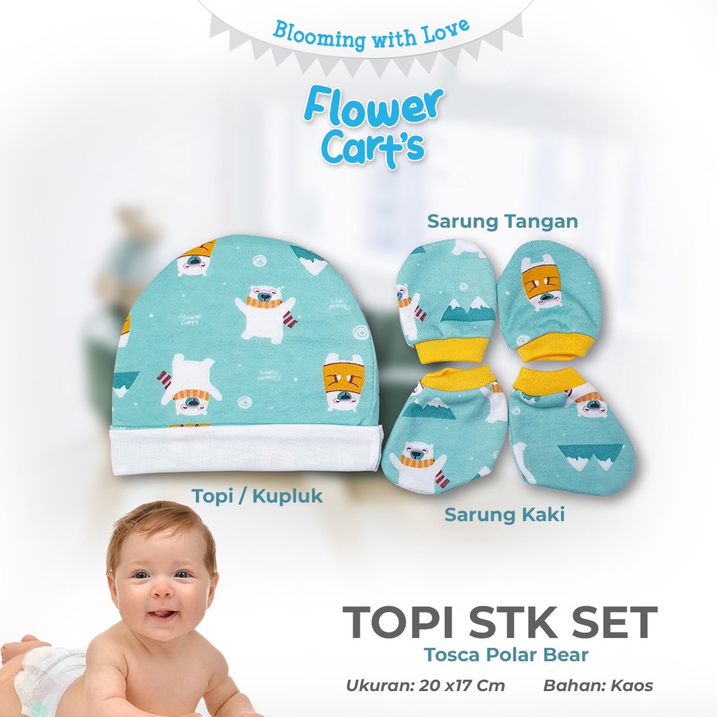 MOMS_TOPI+STK SET FLOWER//TOPI BAYI SARUNG TANGAN KAKI SET NEW BORN