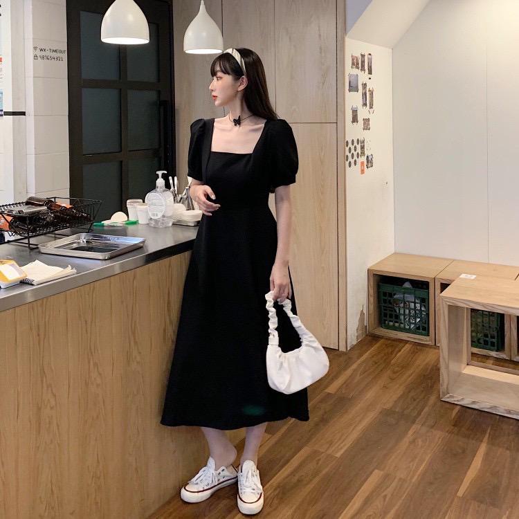 Toply shop Dres Amira korea style Lengan pendek gaun midi A line hitam