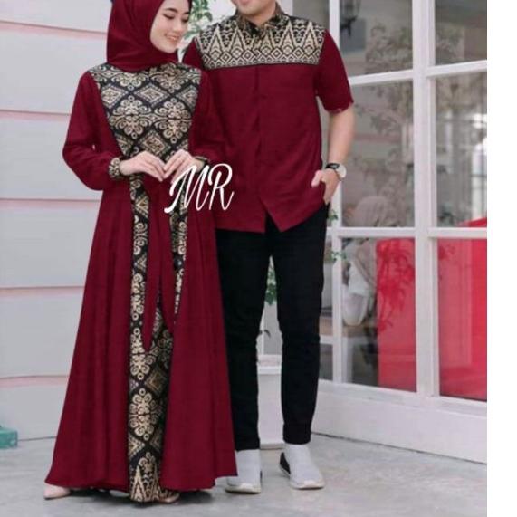 ♢ Gamis Batik Kombinasi Polos Terbaru 2022 Modern Couple Baju Muslim Pasangan Berkualitas Murah Busa