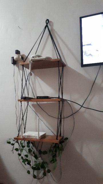 Rak Dinding Gantung Pot Tanaman 3 Susun Colat Tali Hitam Minimalis