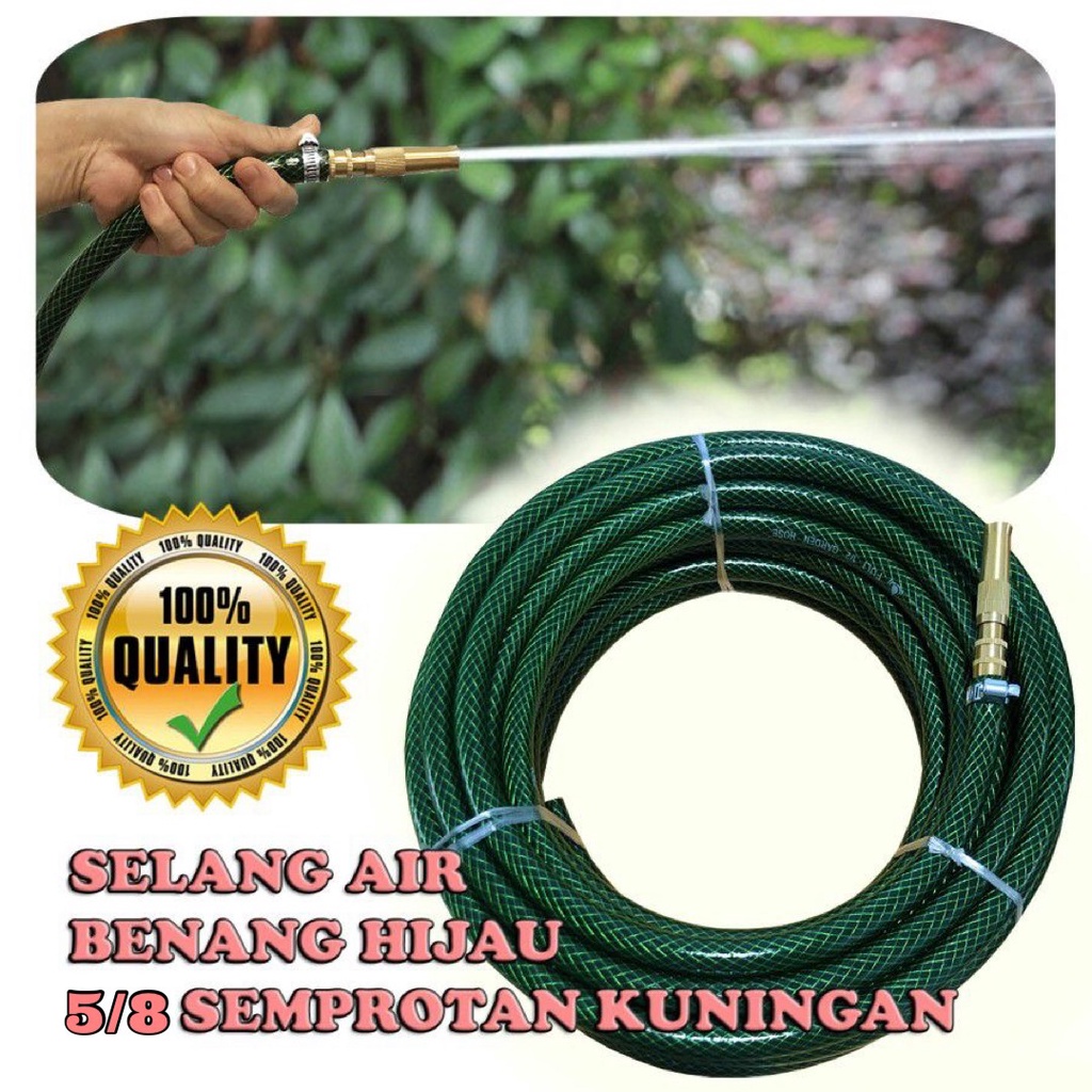 SELANG AIR BENANG HIJAU 5/8 + SEMPROTAN AIR LURUS KUNINGAN SET