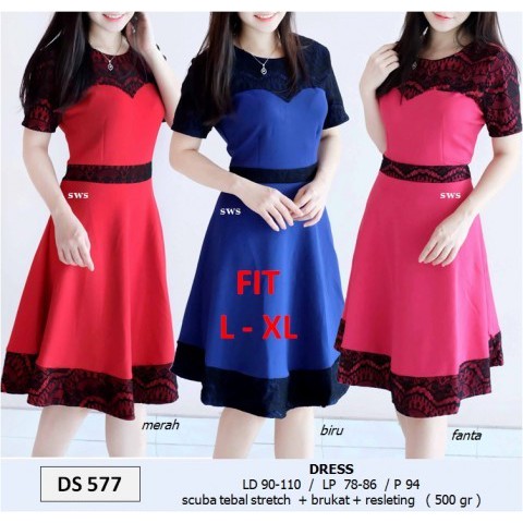 DS577 - DRESS PESTA FLARE LACE BRUKAT HITAM BODYCON FLARE  MURAH GROSIR