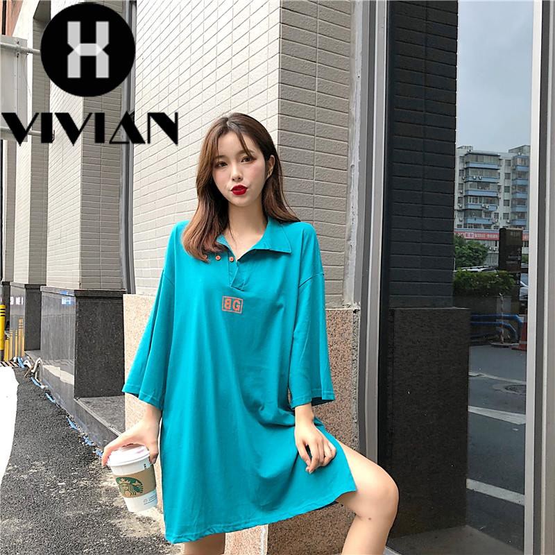 ?VIVIAN? Dress Kaos Mini Wanita Kerah Lipat V-Neck Lengan 3/4 Longgar Gaya Korea - Putih/Hijau Tosca