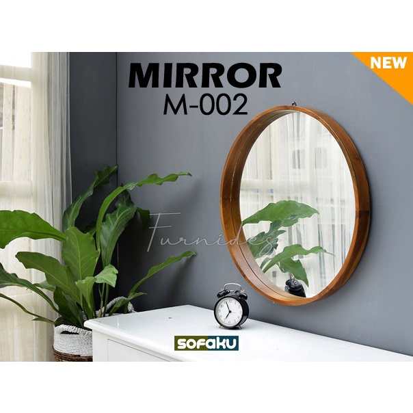 MIRROR M-002 Vanity Mirror Cermin Bulat Kayu Natural - Frame Kayu Cermin Kayu Bulat Round Kaca Cermi