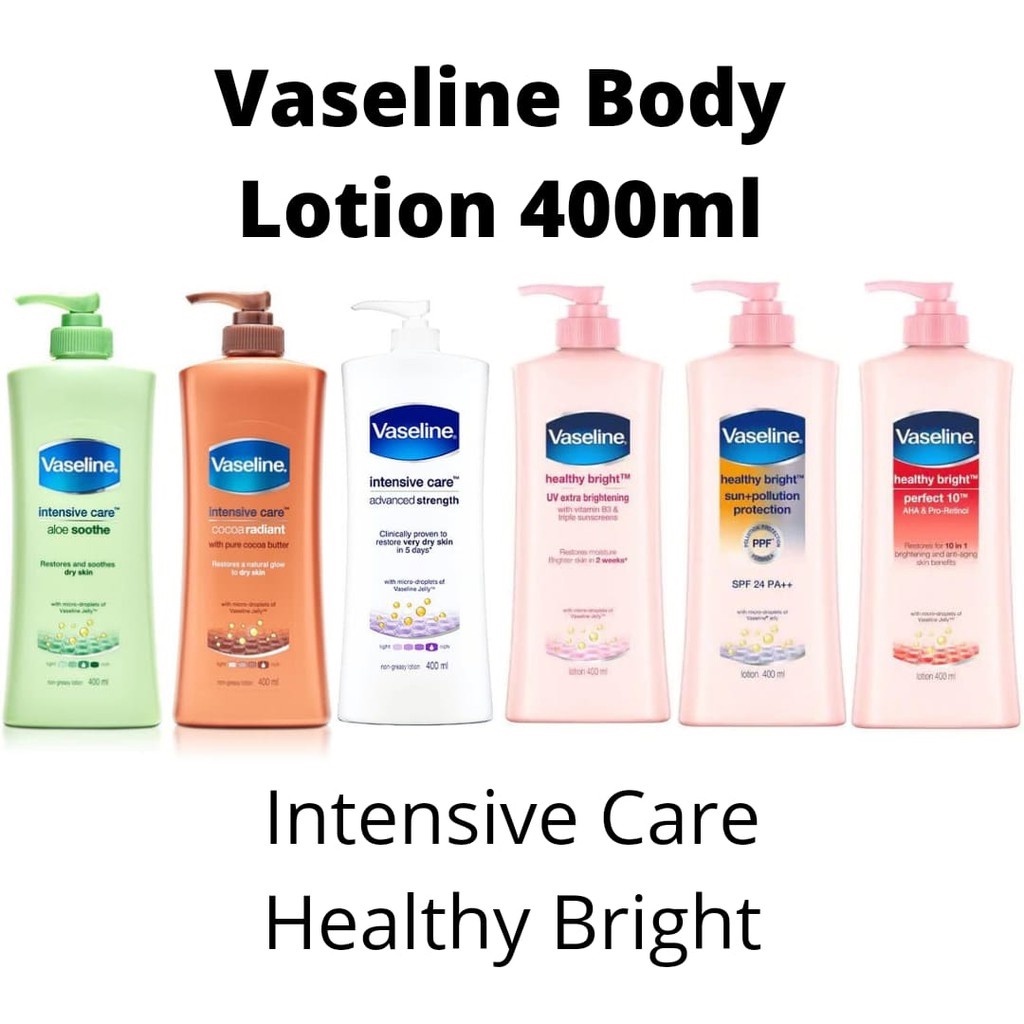 Vaseline Handbody Body Lotion 400ml - Aloe Soothe Perfect 10 UV Extra Brightening Lightening SPF 24 Advanced Strength Cocoa Losion