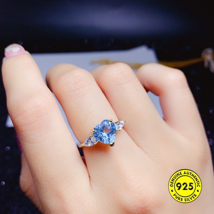 Cincin Batu Permata Topaz Biru Langit Bentuk Hati Model Terbuka