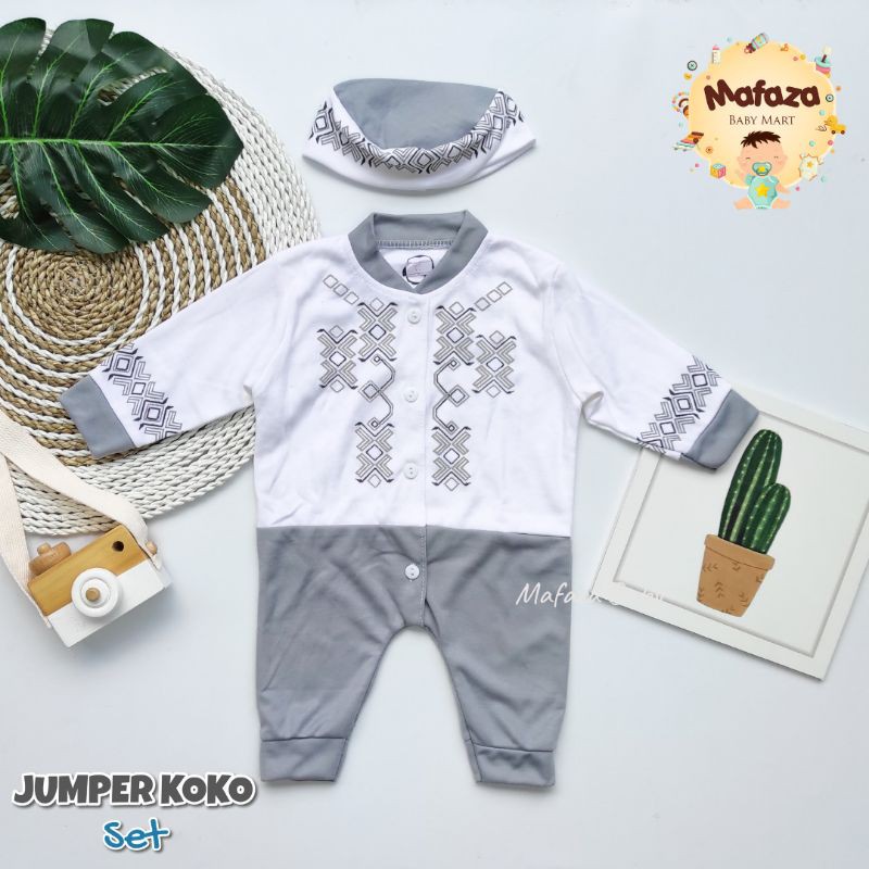 MAFAZABABY Set Jumper Romper Koko Bayi Baju Muslim Anak Bayi Laki-laki Newborn Koko Aqiqah(0-6bulan)-Motif 2 (abu)