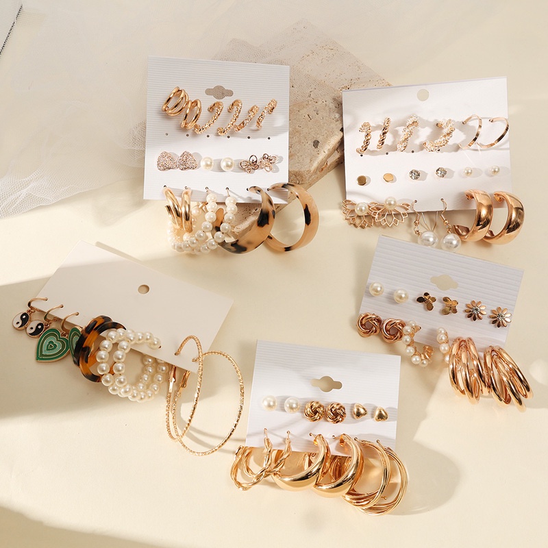 9 Pasang / Set Anting Hoop Desain Hati Butterfly Lingkaran Besar Aksen Mutiara Untuk Wanita