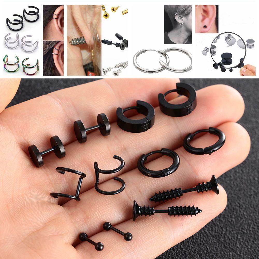 Preva 6pasang/Set Anting Set Wanita Pria Gothic Barbel Bar Stainless Steel Perhiasan Tindik Tubuh Tragus Earrings Hitam Dumbbell Stud