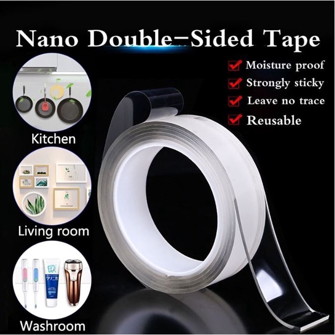 (SKR) Nano Double Tape Ajaib Bening Tahan Air Acrylic WashableIsolasi Selotip Dapat Dicuci  Ivy Grip 1 m 1 mm 1m