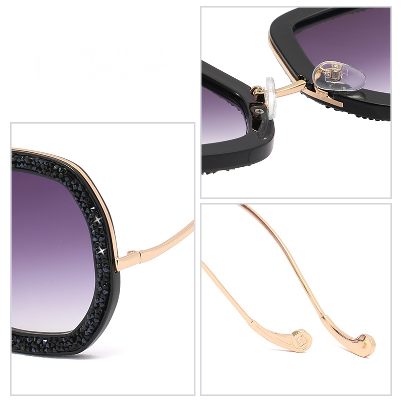 Kacamata Hitam Oversize Frame Metal Asimetris Hias Berlian Imitasi UV400 Untuk Wanita