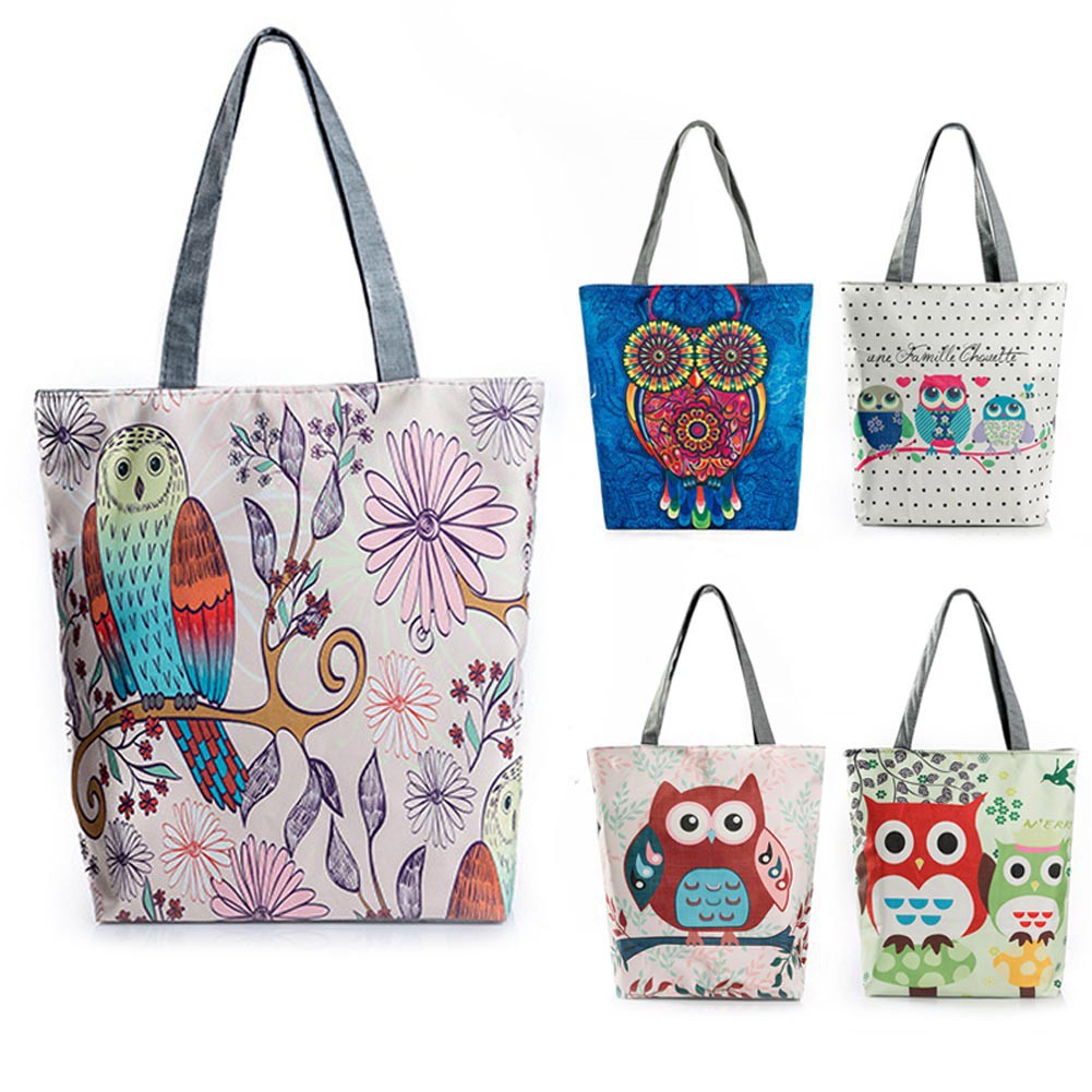 Murah Tas Tote Bag/Bahu Bahan Kanvas Motif Print Bunga/Burung Hantu Kapasitas Besar untuk Pantai