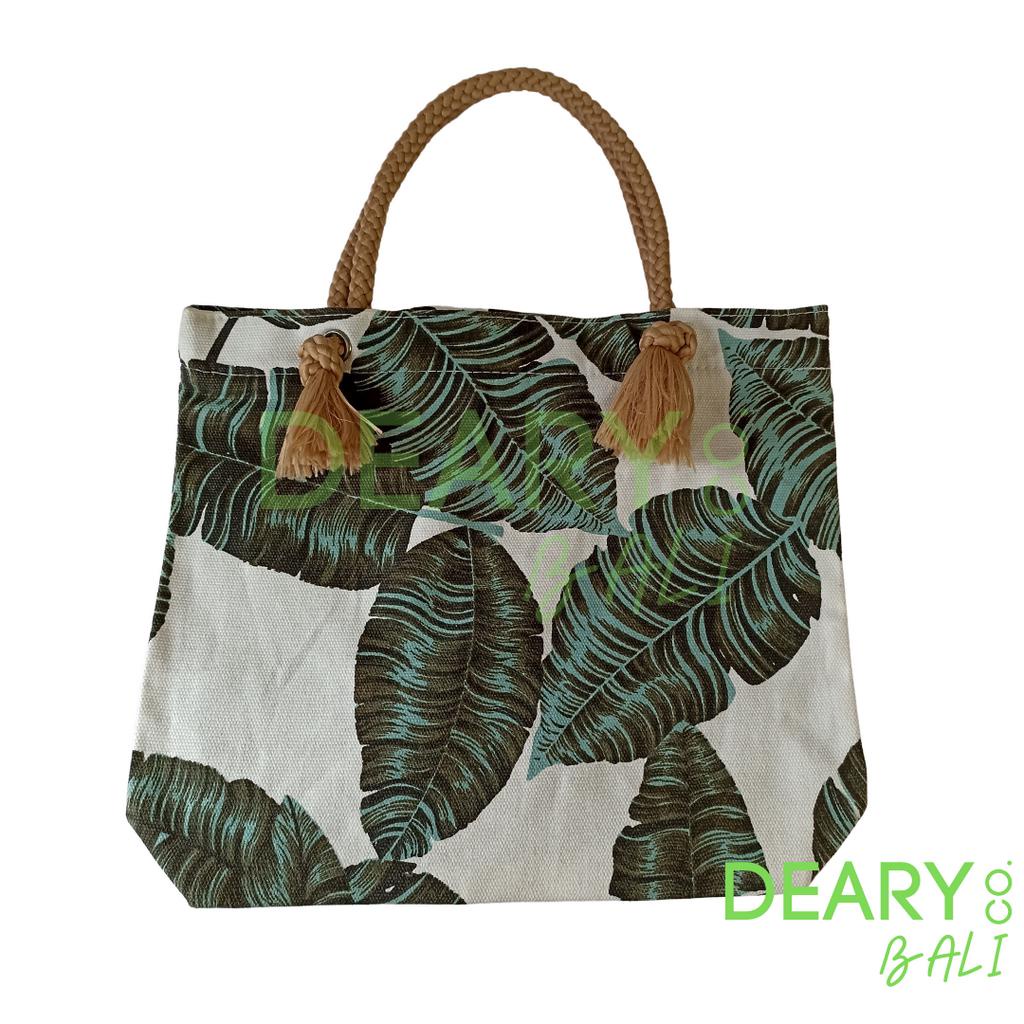 TOTE BAG CANVAS TALI SUMBU MOTIF DAUN TROPICAL UKURAN BESAR SERBA GUNA