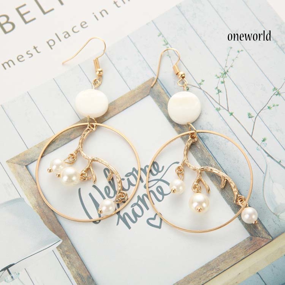 OW@ Women Birthday Gift Circle Faux Pearl Dangle Ear Hooks Fashion Jewelry Earrings