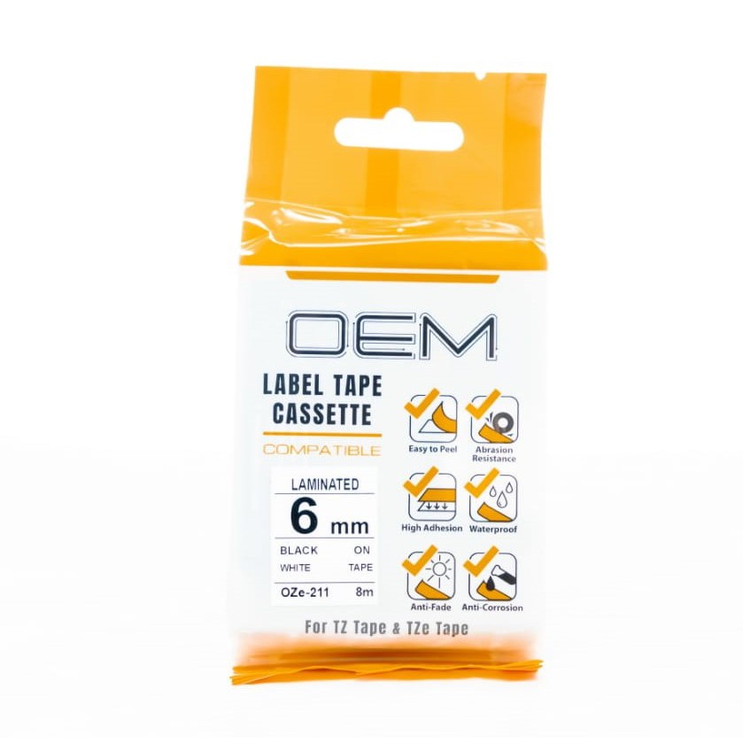 OZe-211 OEM LABEL TAPE BROTHER 6mm Black On White