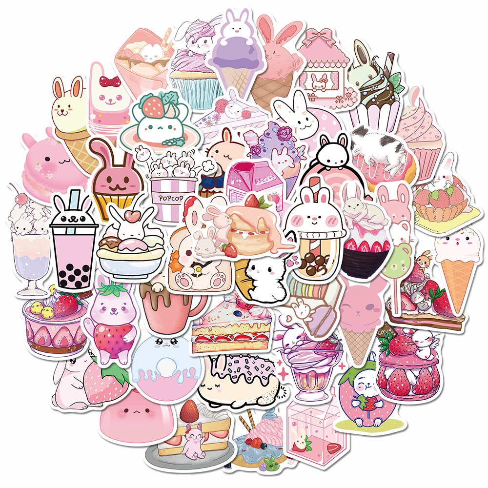 50pcs cute dessert bunny cartoon stickers cute hand account stickers laptop water cup decoration waterproof stickers