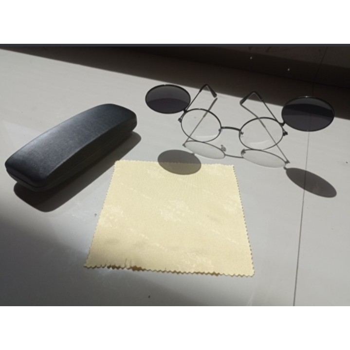 Kacamata bening hitam bulat double flip up clip on retro steampunk motor sunglass boboho buka tutup