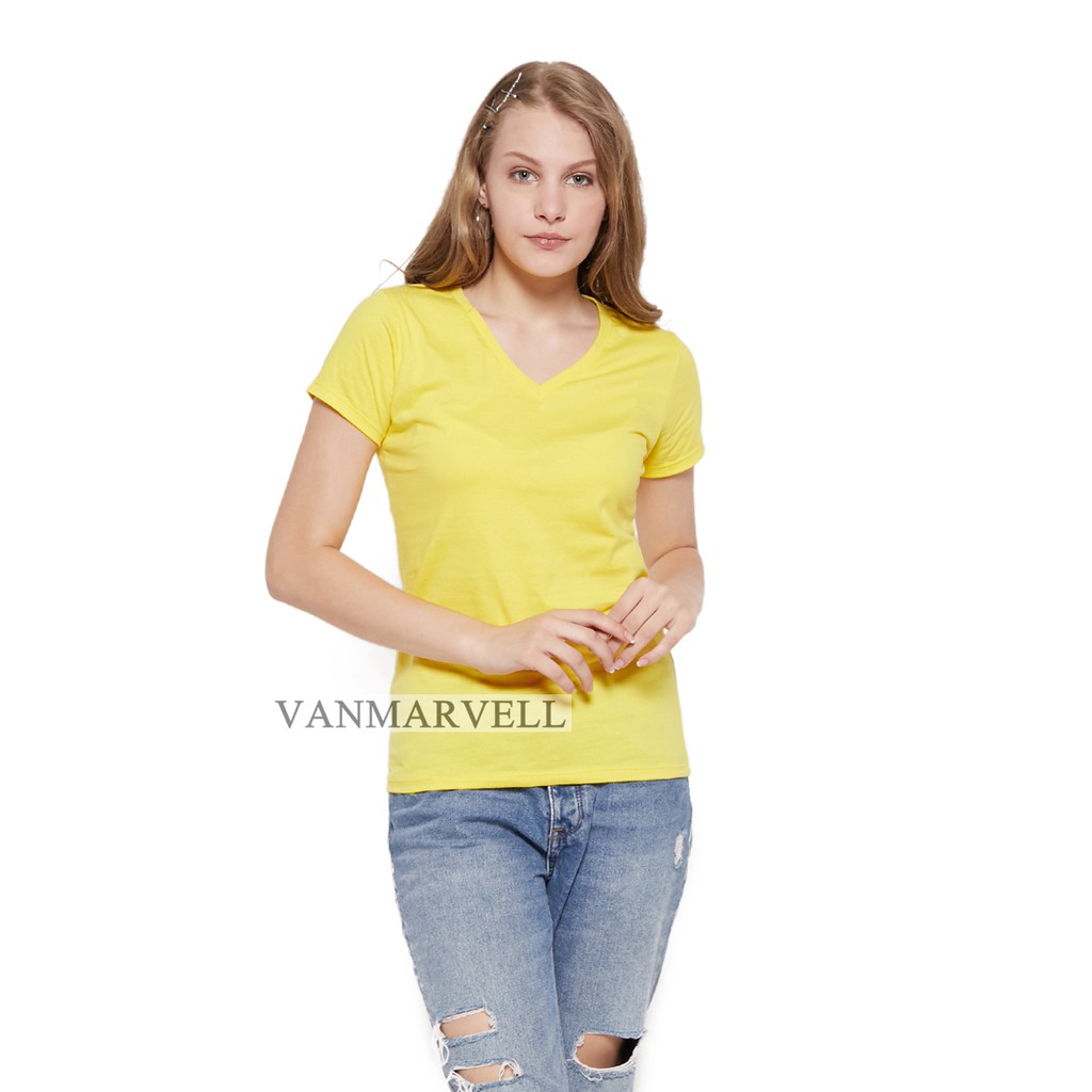Vanmarvell Kaos Cewek V-neck Polos - Kuning
