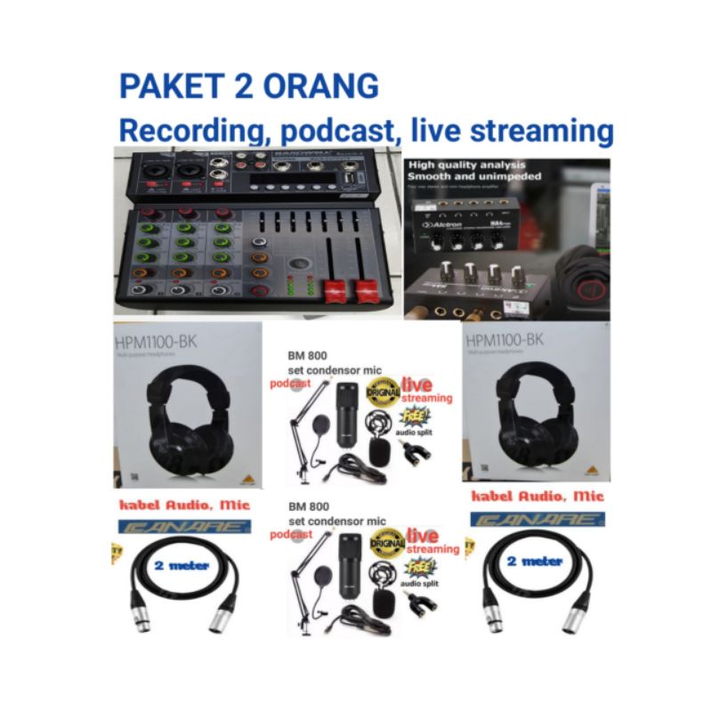 paket Recording, podcast, live streaming, mixer hardwell, mic BM 800, hedphone behringer, paket 2 or