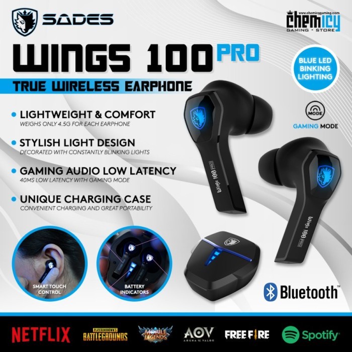 Earphone Sades Wings 100 Pro True Wireless TWS Gaming Earphone