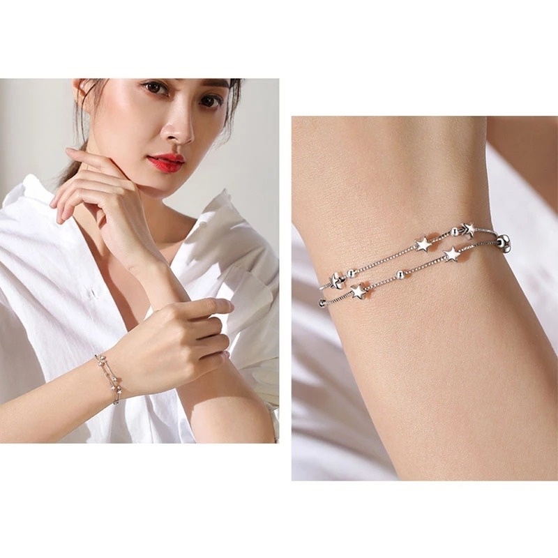 Gelang Lapis Ganda Hias Manik-Manik Bintang Warna Silver Gaya Korea Klasik Untuk Wanita