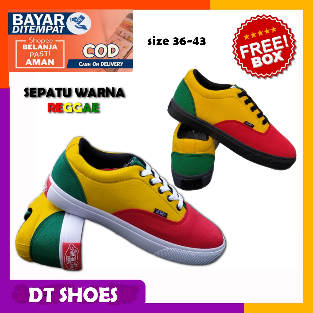 SEPATU REGGAE REGAE RASTA VANS ERA KASUAL MERAH KUNING HIJAU JAMAICA FOX PUTIH-HITAM