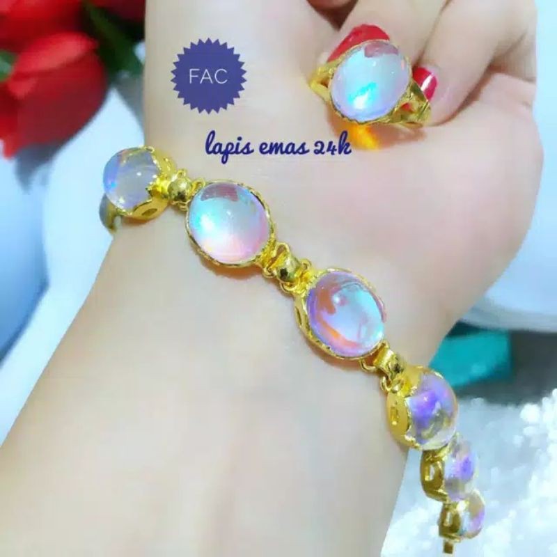 [Lapis emas 24 karat] Gelang tangan dan cincin batu permata putih 24 karat