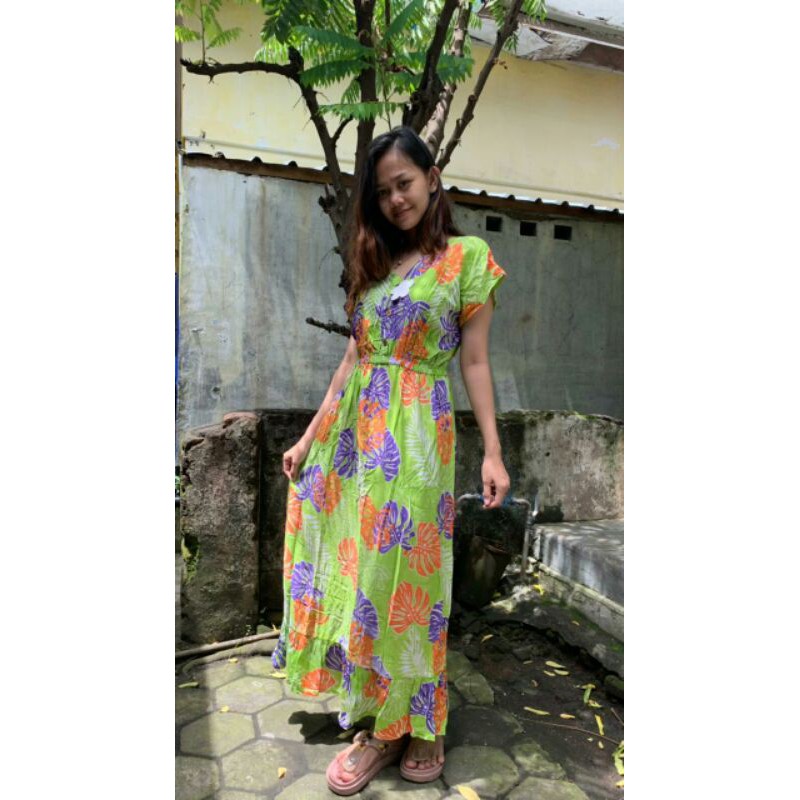 daster bunga panjang pinggang kerut