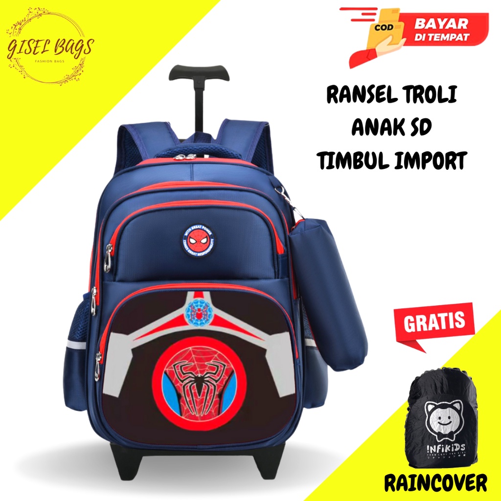 Tas troli anak laki laki sekolah sd import gambar timbul karakter superhero waterproof