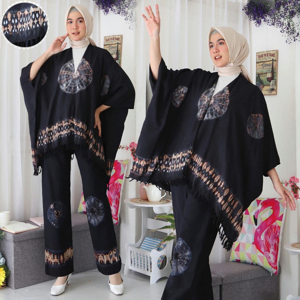 Anora Set - One Set Wanita Jumbo Rayon Premium Setelan Wanita Waka Waka Lengan 7/8 Set Celana Panjang LD 140 cm