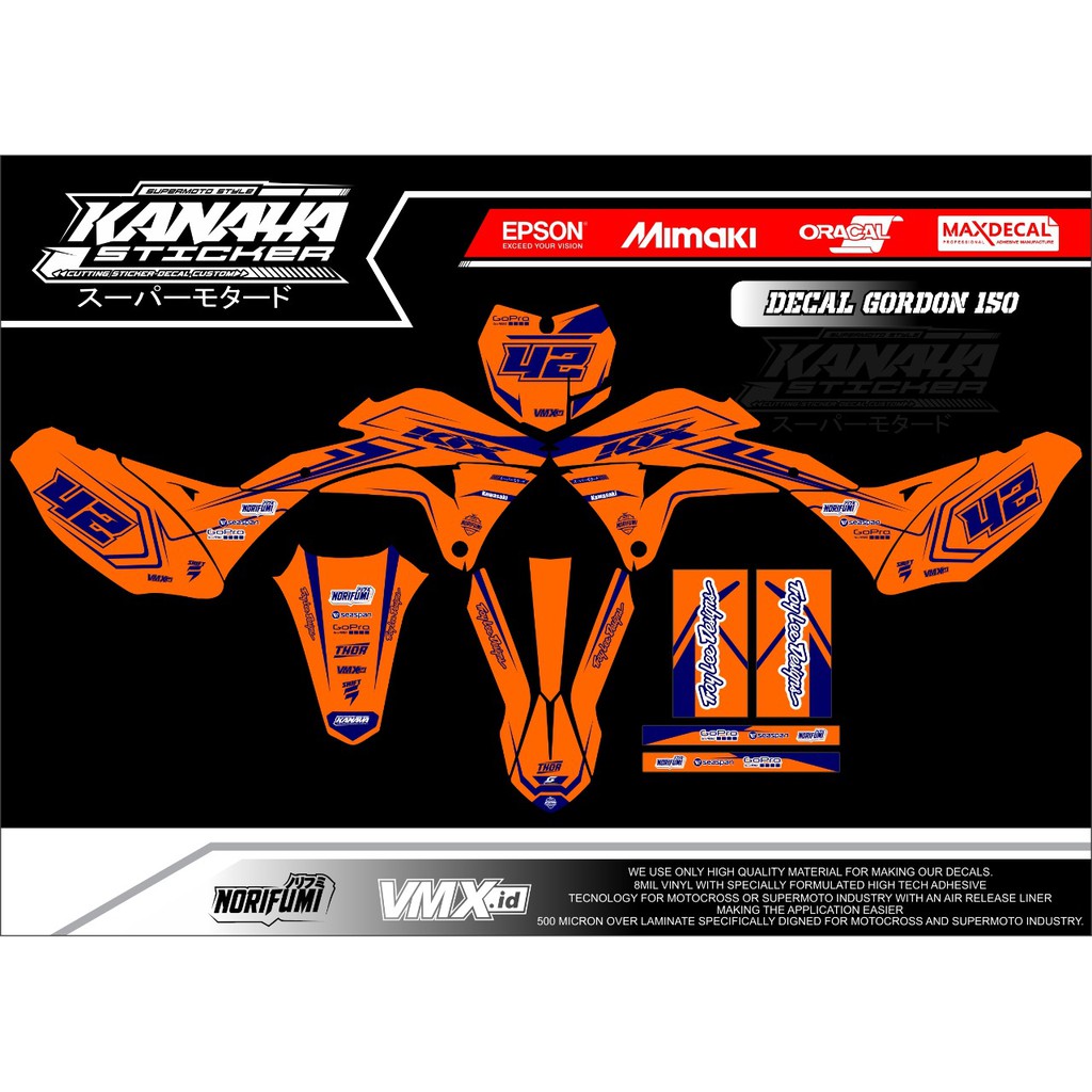 Decal KLX Gordon Decal Trail / Supermoto Decal Klx Desain Terbaru Warna Orange