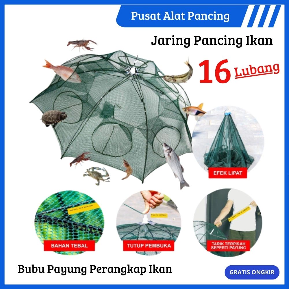 Jaring Bubu 16 Lubang Portabel Lipat Bubu Payung Jaring Jaring Ikan Casting Lobster Penangkap Ikan Perangkap Udang Kepiting