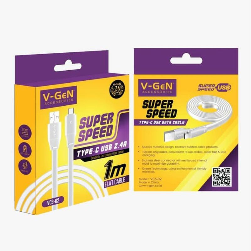 Kabel Data Usb V-GEN  Super Speed Usb Type-C  2.4A Flat Cable 1 Meter