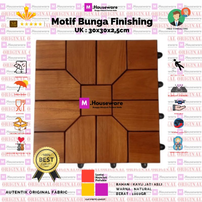 Lantai Kayu Jati Bongkar Pasang Motif Bunga UK 30x30cm / decking tile portable