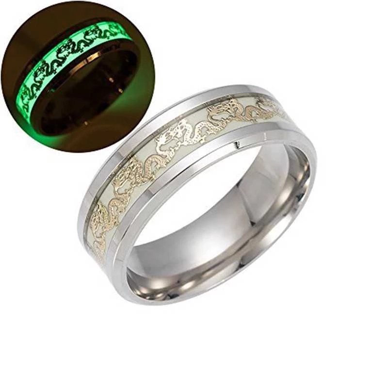 Jari Cincin Pasangan Perhiasan Untuk Wanita Dan Pria Hijau Bercahaya Sederhana Mode Naga Rings Retro Neon Latar Belakang Titanium Anti Karat