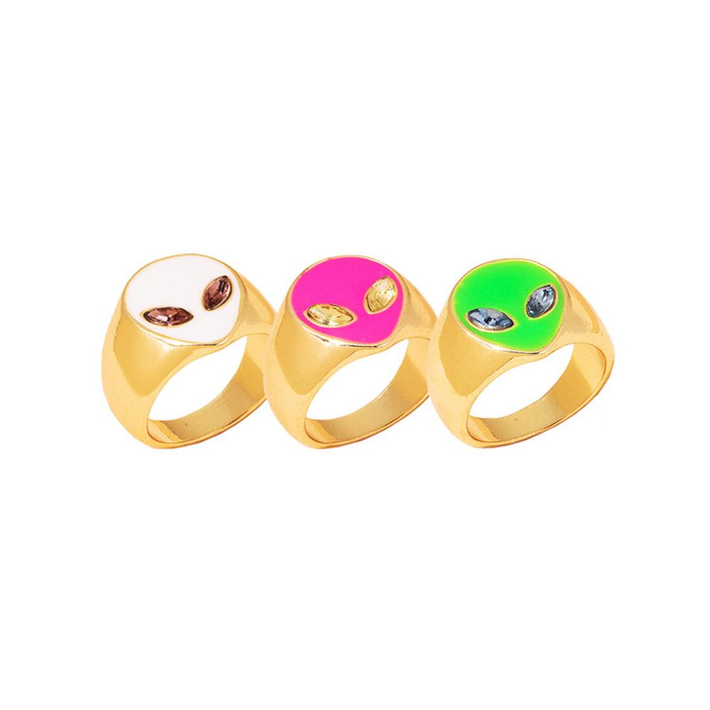 Needway Alien Face Rings Keren Geometris Enamel Gadis Zirkon Kristal Perhiasan Fashion