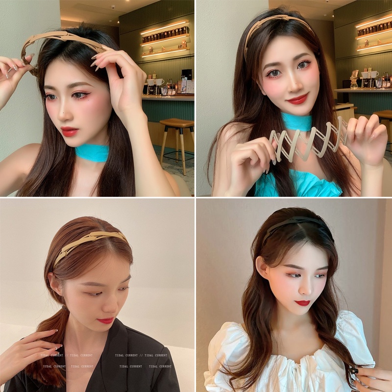 Bando lipat korea rambut wanita doff polos zigzag lebar adjustable ringkas bisa masuk saku dompet