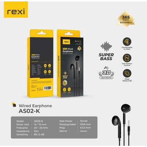 Rexi Hansfree  AS02K Wired Earphone In-Ear Handsfree 3D Stereo Sound Original henset