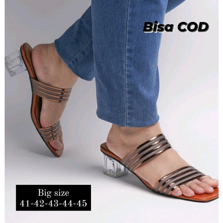 COD / Sepatu Higheels Kaca Wanita Big Size 41-45 Slop Hak Kaca ZV-2 Mewah Sepatu Heels JUMBO Banget Tan, 44