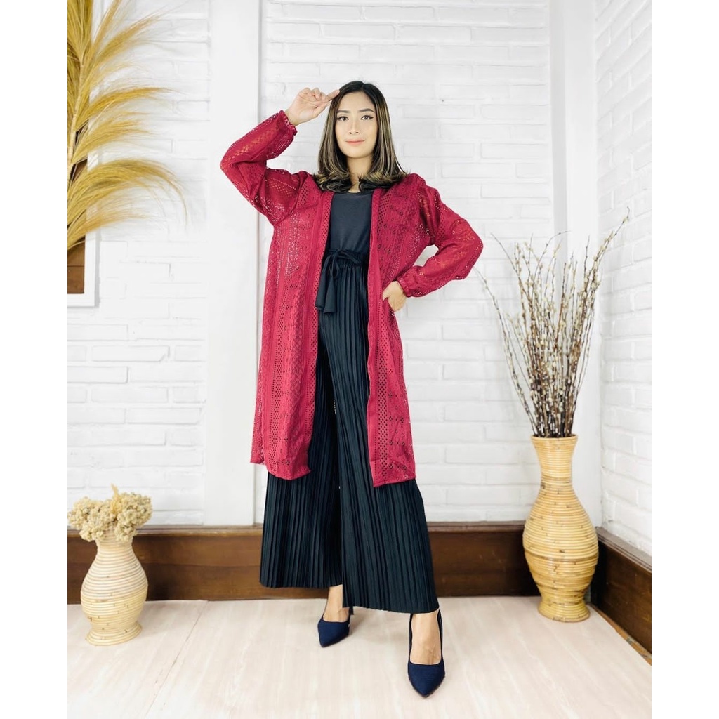 Pakaian Wanita Muslimah Long Outer Brokat Lace Cardigan Putih lengan panjang Bahan Lembut Nyaman Saat Di Pakai-MARON